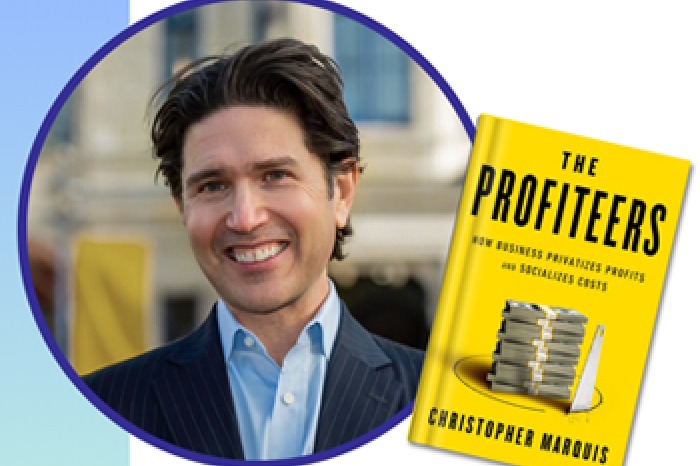 Headshot of Christopher Marquis with his book cover The Profiteers