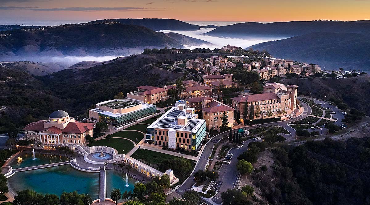 Aerial view of SUA campus at dusk