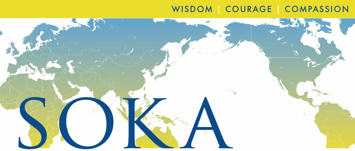 World map displaying Soka's values of wisdom courage and compassion