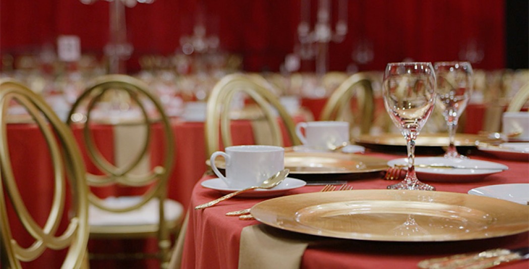 Close up of place setting at banquet table