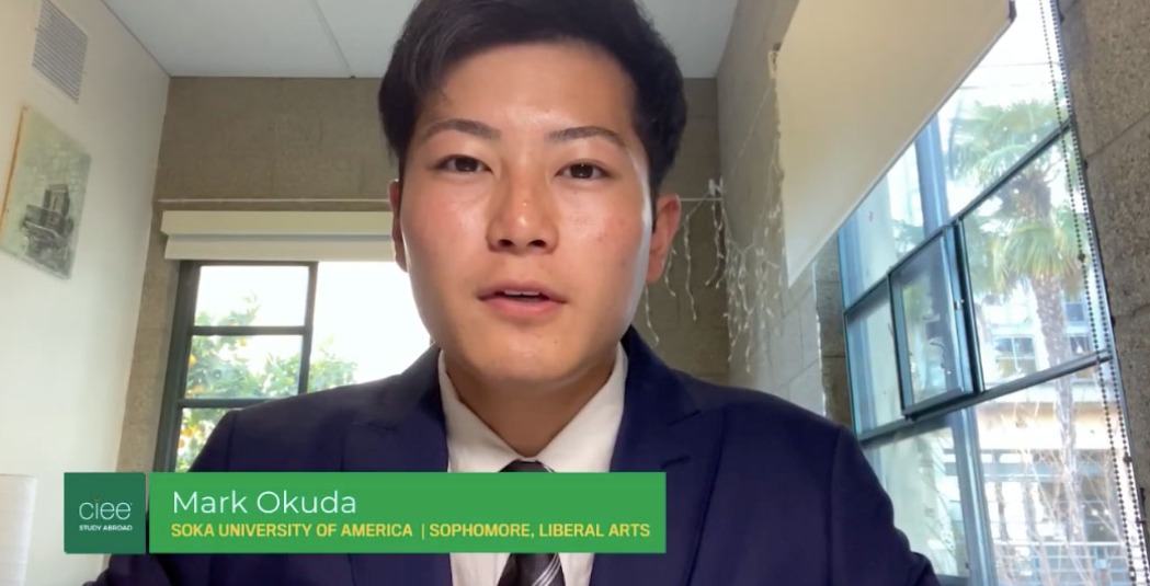 Screenshot of Mark Okuda being interviewed for the "Introducing the 2022 Frederick Douglass Global Fellows" YouTube video