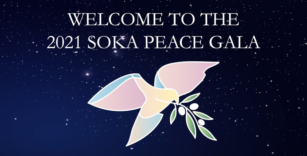"Welcome to the 2021 Soka Peace Gala" is written over a navy background with twinkly stars and a cartoon dove holding leaves is shown below the text.