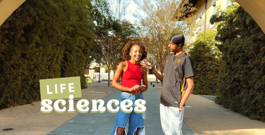 Life Sciences thumbnail showing two students talking on campus