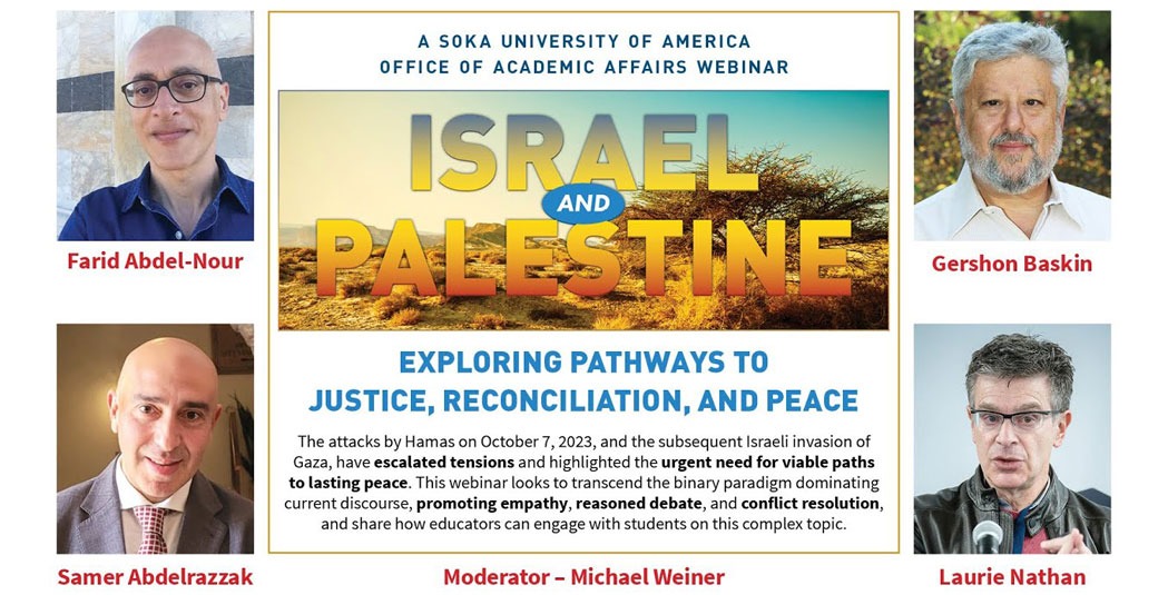 Israel & Palestine Flyer featuring speakers Farid Abdel-Nour, Gershon Baskin, Samer Abdelrazzak, and Laurie Nathan