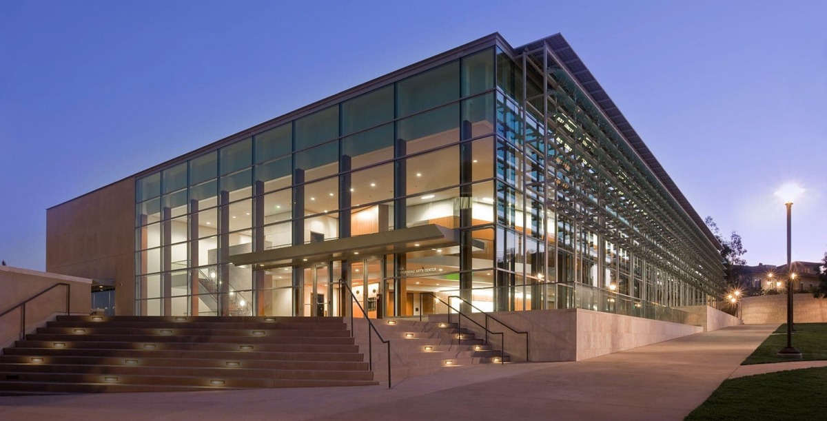 Exterior of Soka Performing Arts Center at night