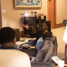 Students sit on couches and discuss “Citizen King,” a documentary examining the final years of Dr. King’s life