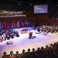Aerial view inside the Performing Arts Center during Commencement Day 2025