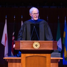 Stephen S. Dunham, a Board of Trustees Chair at Soka University of America, delivers the commencement address for the 2024 commencement ceremony.