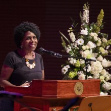 Jucimara Colombo, mother of Lucas, speaks during the memorial service.