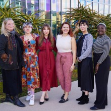 Four women from the Soka community spoke at the March event: Anne Pearce, director of the creative arts program, Soka alumnus Giselle Velasquez ’15, Nappa Kataoka ’23, and Wilnie Merilien, resident hall coordinator and the two moderators pose for a photo