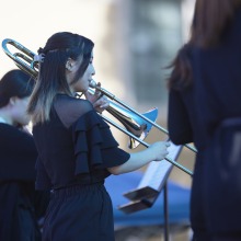 An SUA student plays the trombone during a performance at the Soka Arts, Music & Food Festival