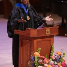 2023 Commencement Speaker, Wanjira Mathai, addresses the crowd during commencement.