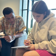 Two students work together in the Global Language and Culture Center