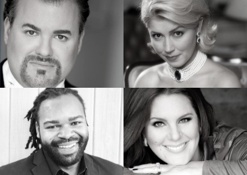Collage image with Bruce Sledge, Tenor, Milena Kitic, Mezzo-Soprano, Julie Makerov, Soprano, Aaron Pendleton, Bass-Baritone