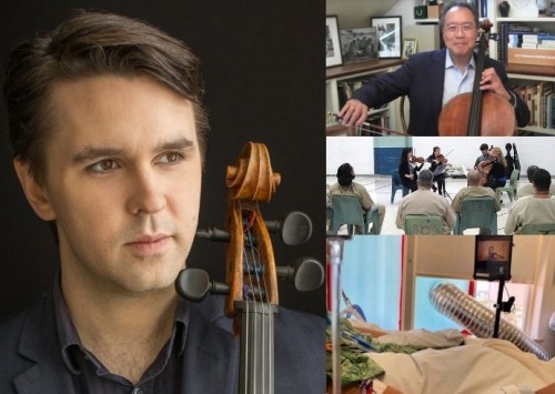 Photo Collage: Andrew Janss; Yo-Yo Ma; a person in hospital bed;