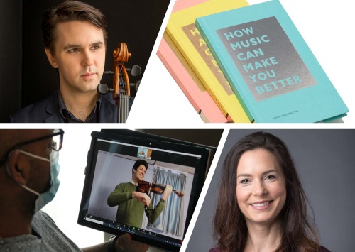 Collage of Andrew Janss, Indre, a book, and a coctor looking at an ipad