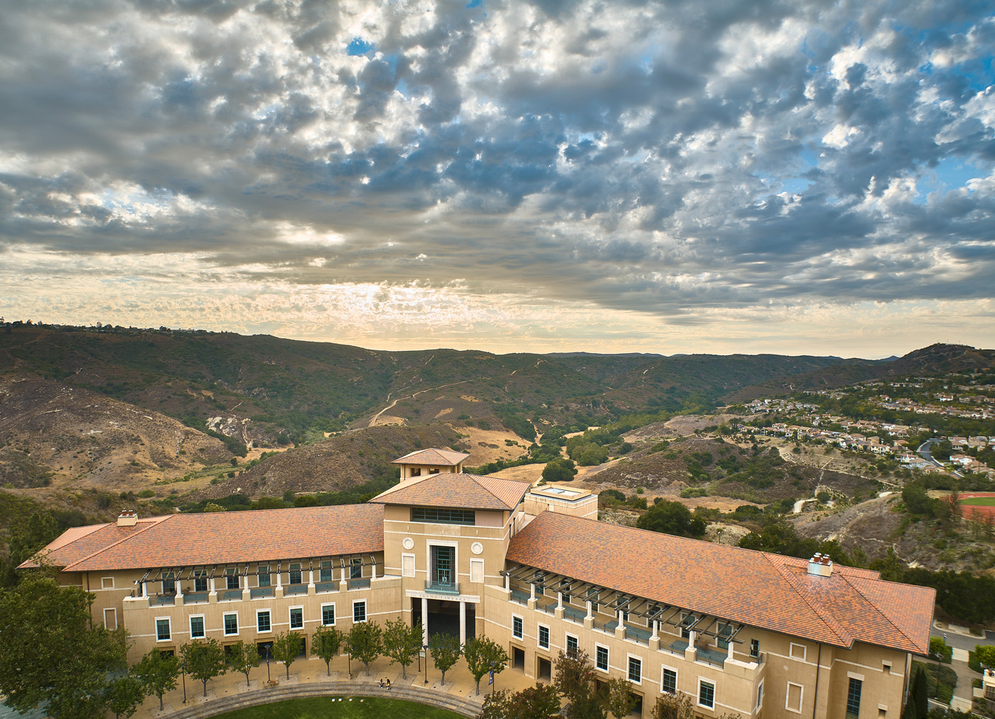 Aerial drone shot of exterior of Library on Soka Campus