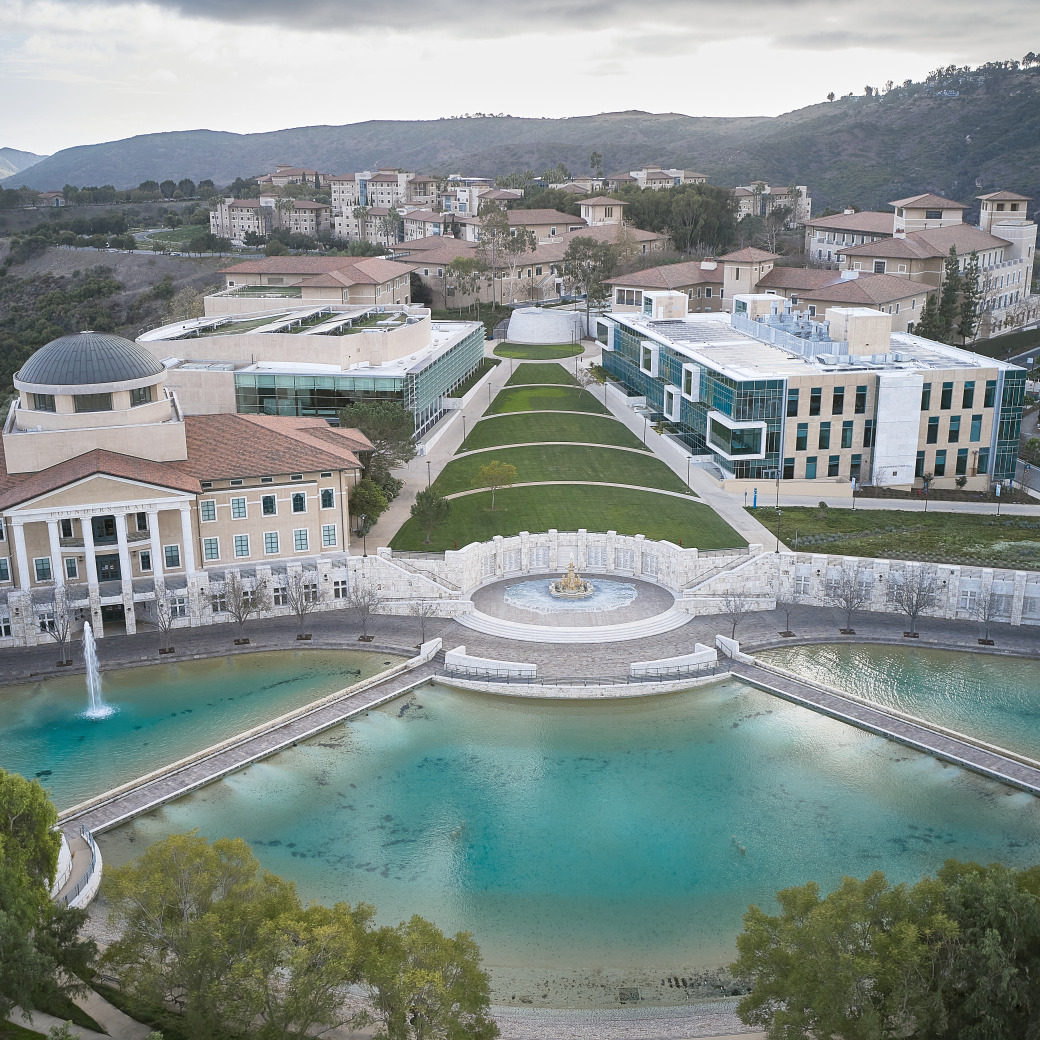Aerial view of Soka's campus during dusk