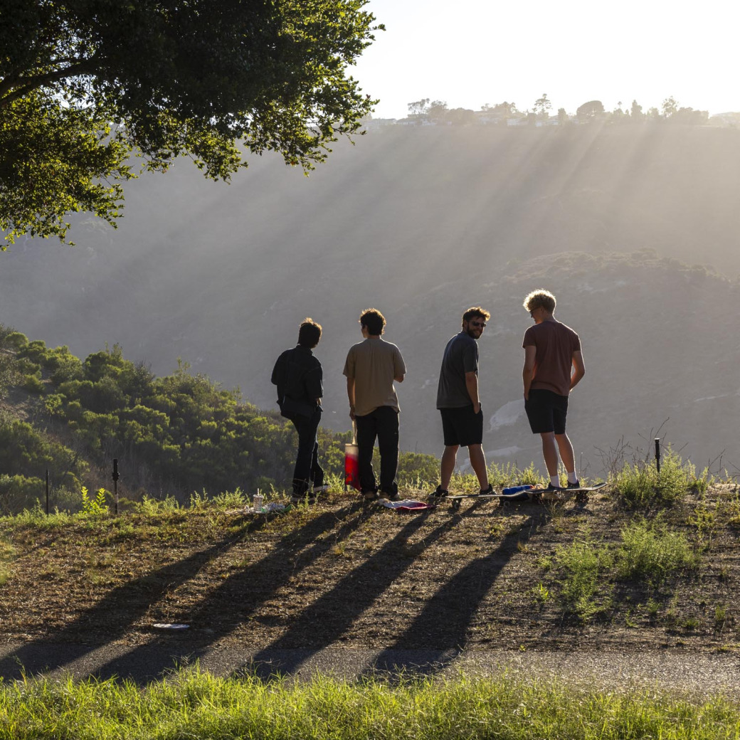 Four students stand in the sun on the hillside. The sun is casting long shadows behind them as the hillside curves to the left and is framed by green leaves from an overhead tree.