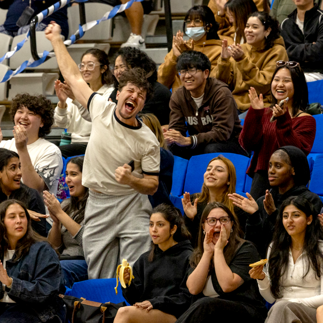 The crowd cheers at a men's volleyball game.
