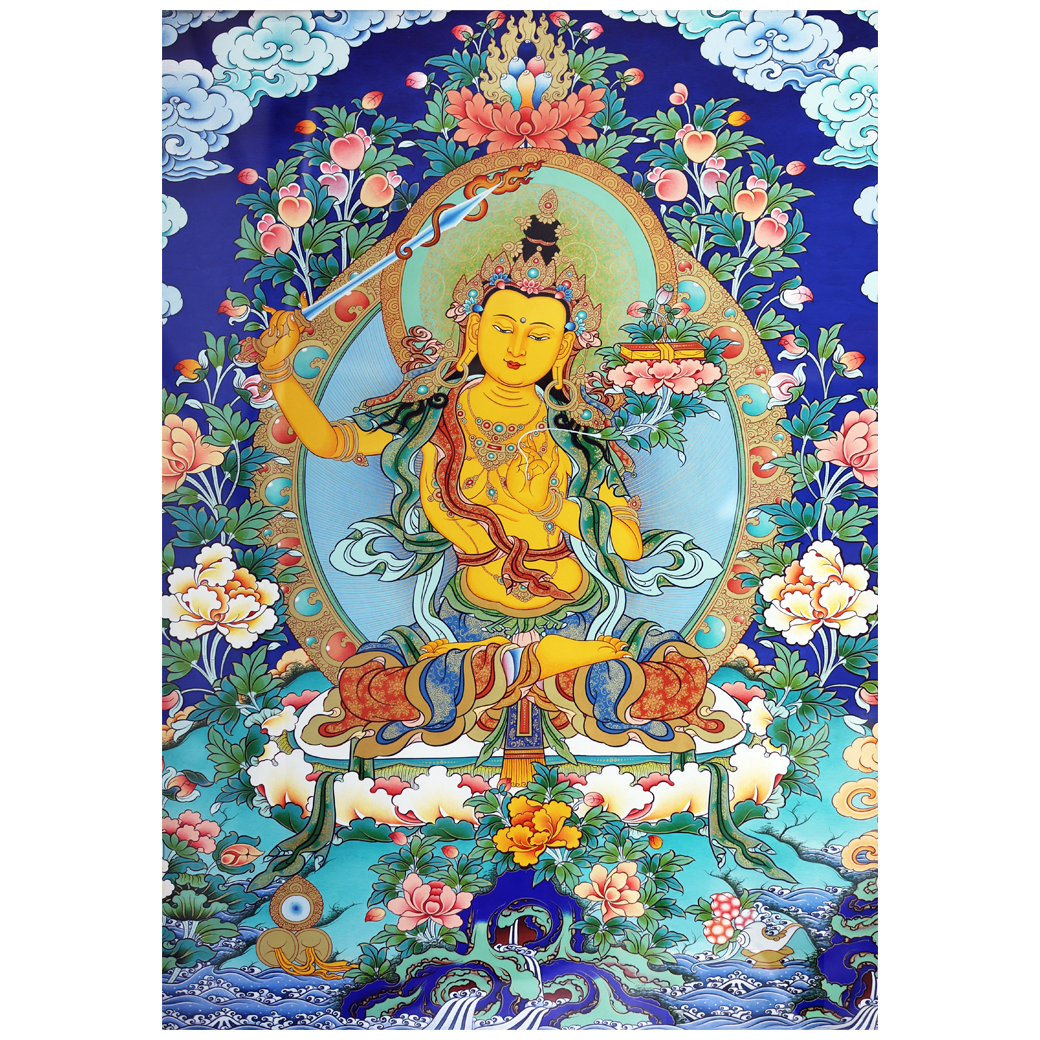 Gyoba Tha, Mañjuśrī (Single Deity), 2023, 30" x 31.5", natural mineral pigments and gold leaf on cotton