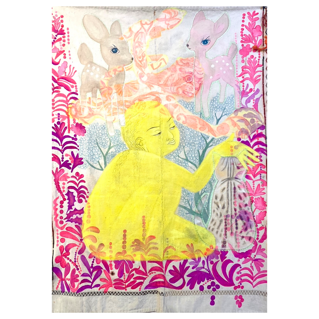 Michela Martello, May All Beings Know We Are Dreaming, 2025, 57" x 69", acrylic on vintage Turkish carpet