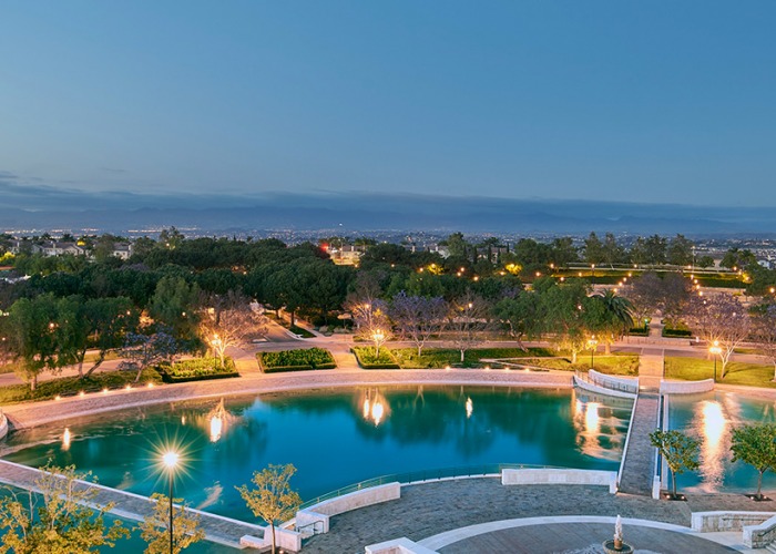 Looking down at Soka's Peace Lake at dusk