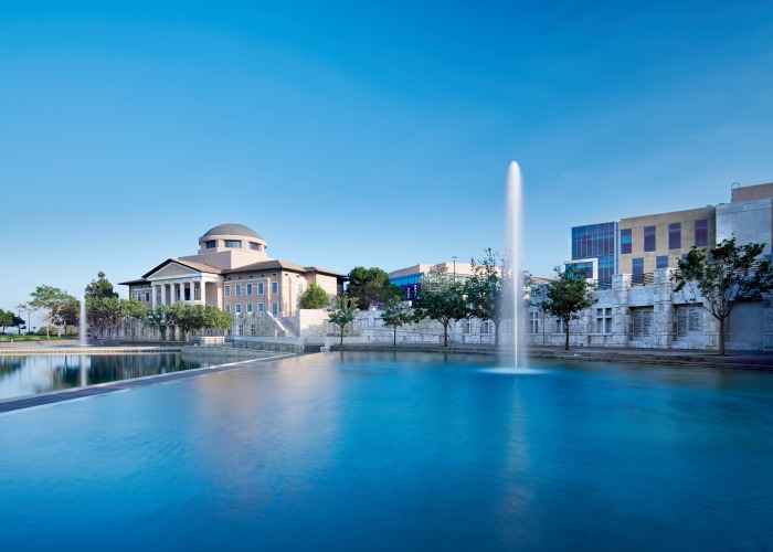 Exterior shot of Founders Hall from across Peace Lake