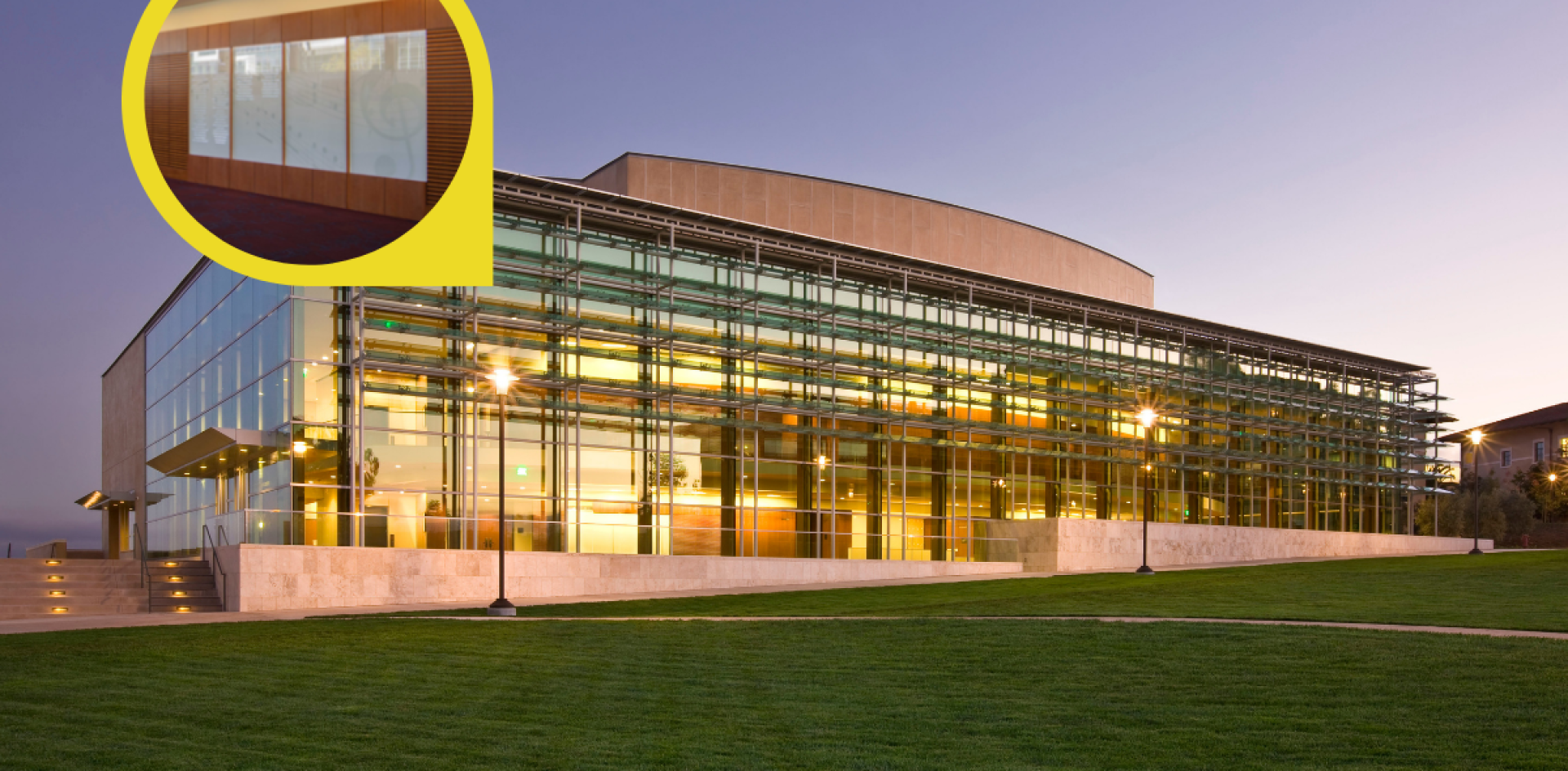 Exterior of Soka Performing Arts Center with inset of glass panel engravings