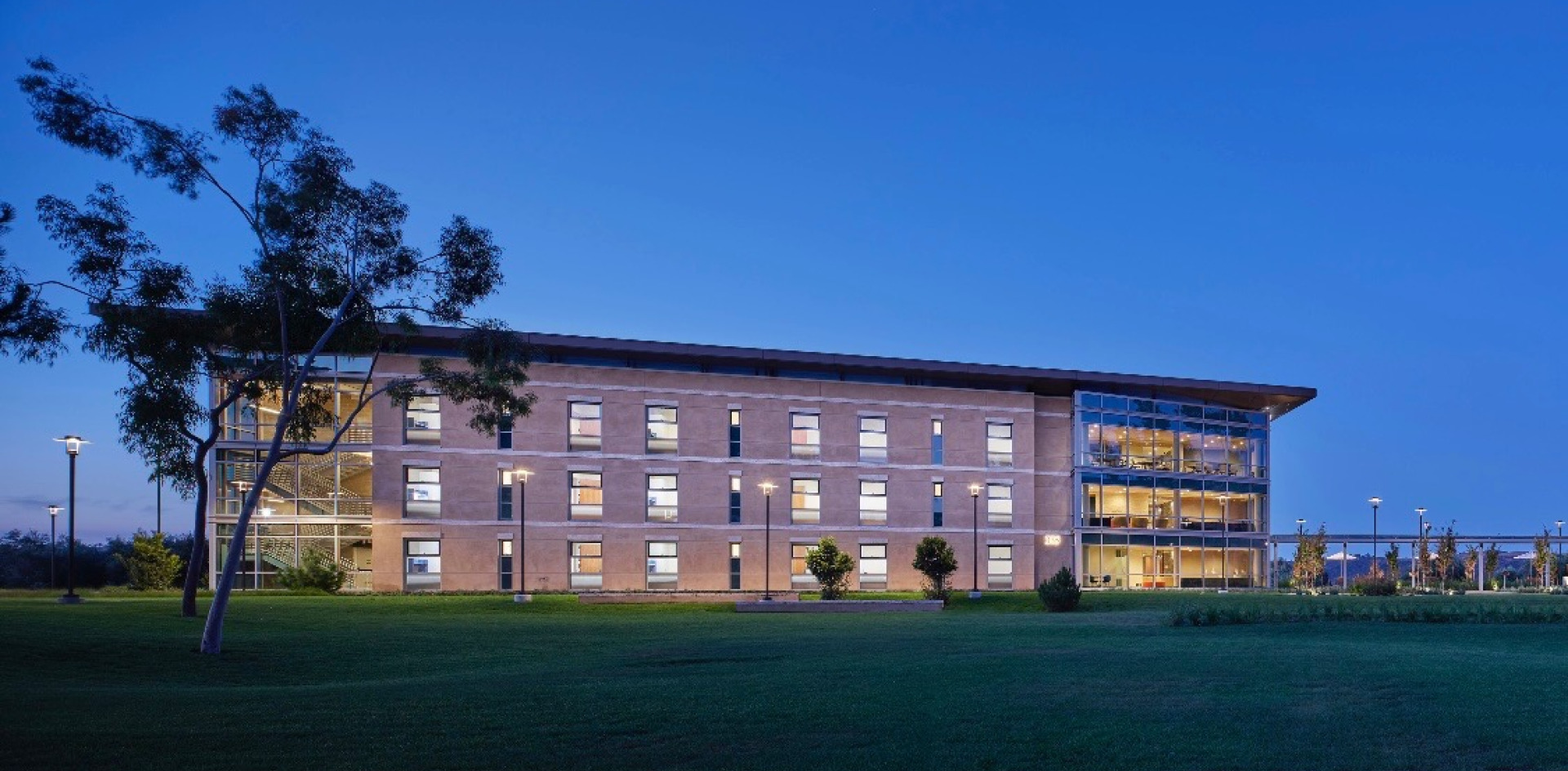 Night time view of the new residence hall 335