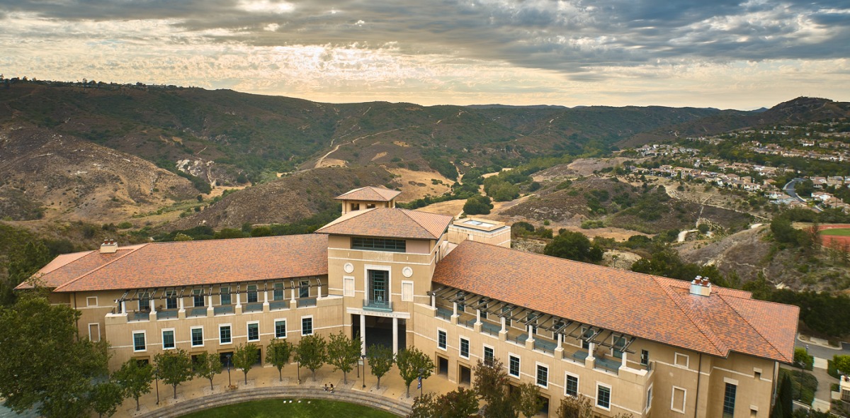 Aerial drone shot of exterior of Library on Soka Campus