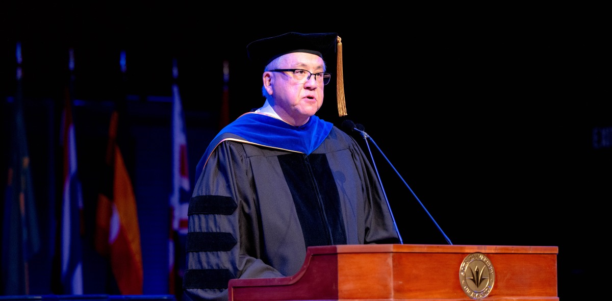 President Feasel speaks to the Class of 2024 during commencement.