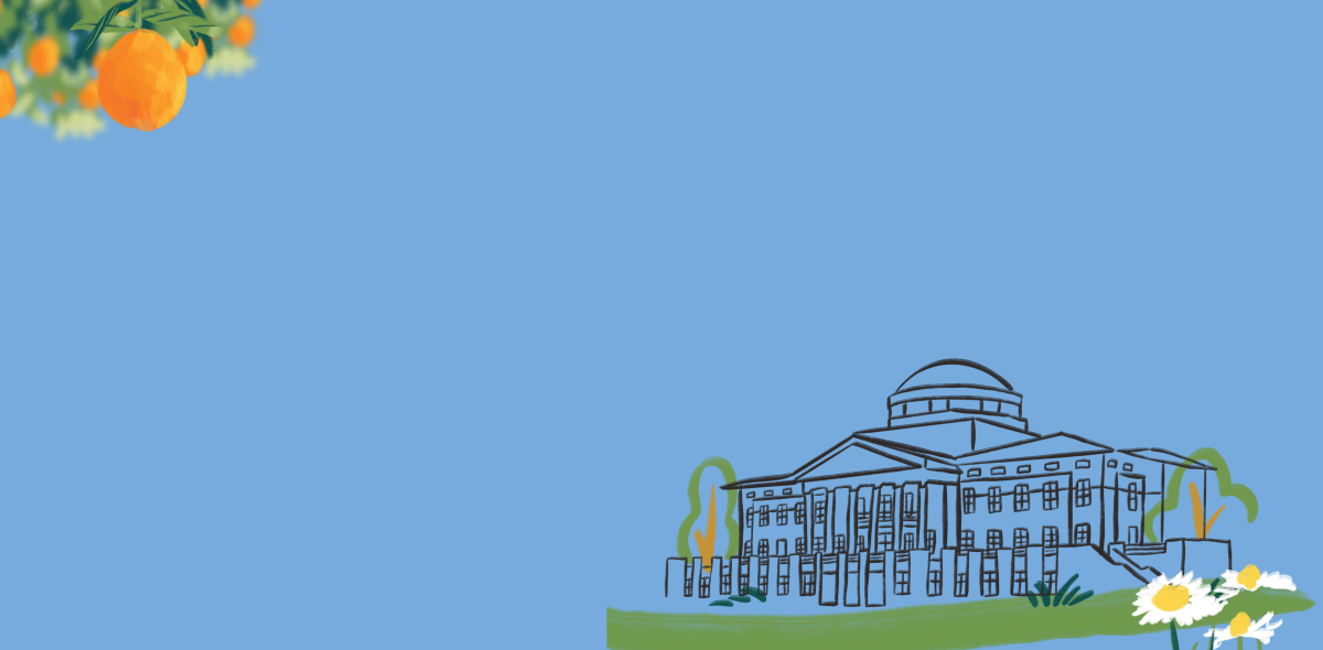 Light blue background with illustration of oranges in the top left and outline illustration of Founders Hall with flowers in the bottom right corner.