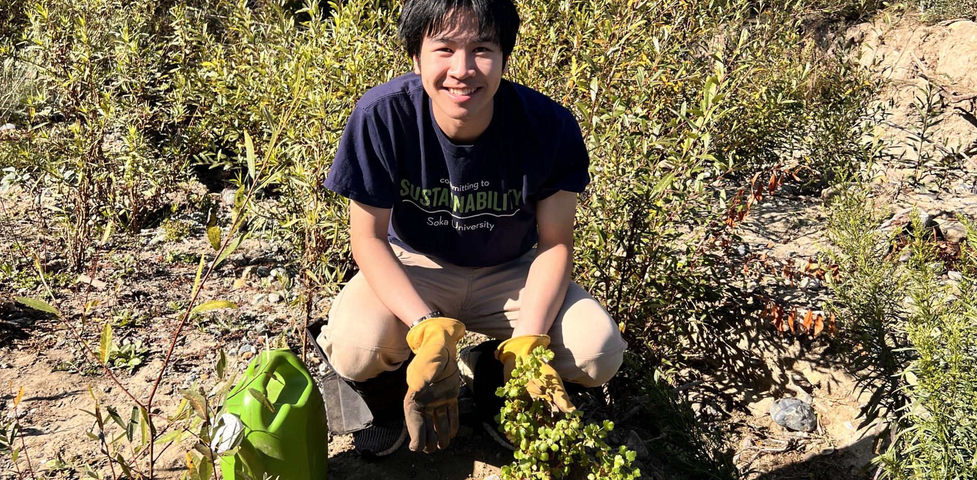 A student is squatting down wearing gardening gloves and a navy sustainability shirt. He is clearing brush on a trail.