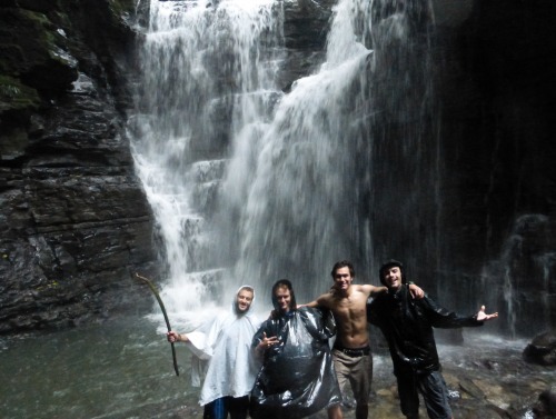 Students in front of waterfall in Peru