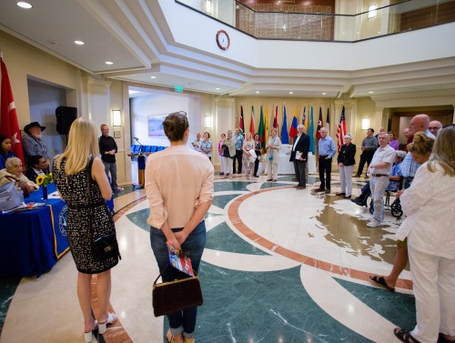 Image of people congregated in the atrium.