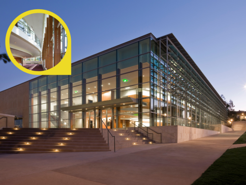 Exterior of Soka Performing Arts Center at night with inset of engraved pillars