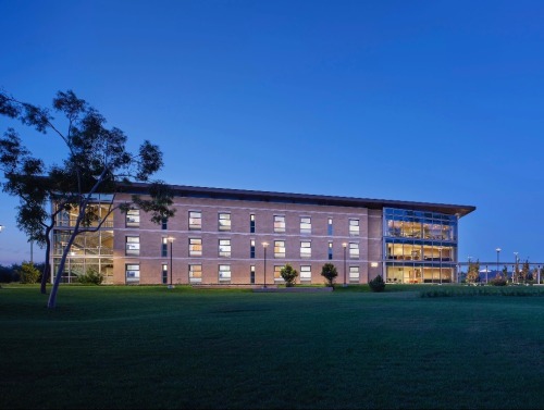 Night time view of the new residence hall 335