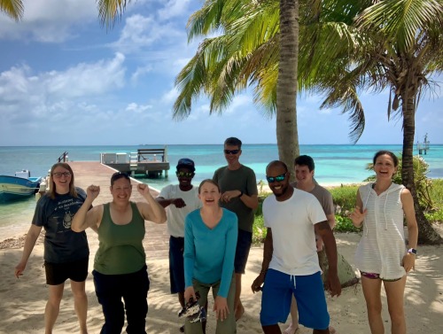 Eight members of a research team wearing summer attire smile at the camera in front of palm trees, a docked boat, and light blue water in Belize.