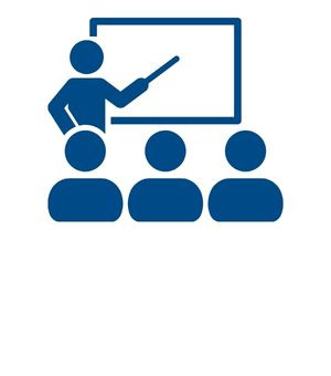 An instructor points to a board in front of three students icon