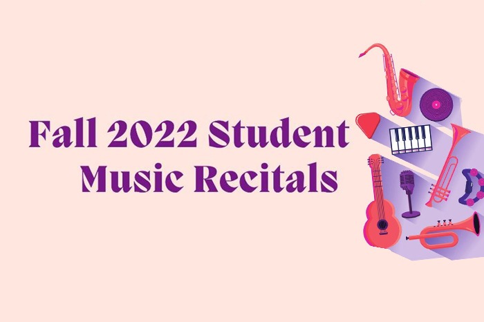 "Fall 2022 Student Music Recitals" is shown beside cartoon instruments