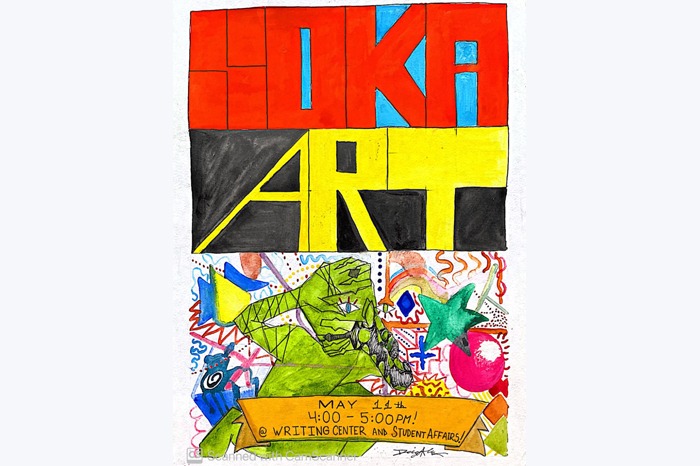 "Soka Art" drawn in red and yellow block letters above abstract art