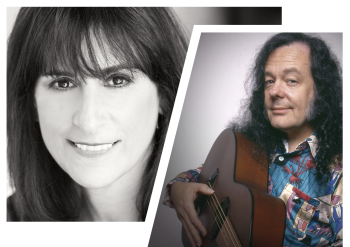 Face of woman with dark hair and man with long dark hair holding a guitar
