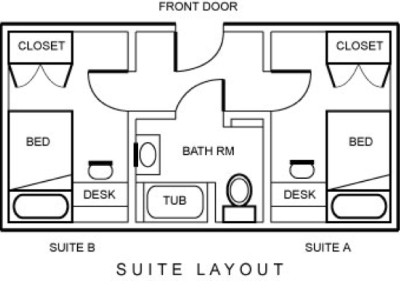 suite layout showing adjacent living-studying areas with shared bathroom 