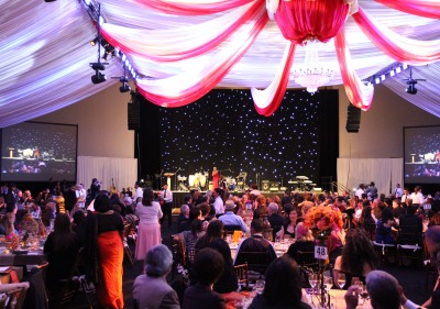 Image of gala event set up in the gymnasium.