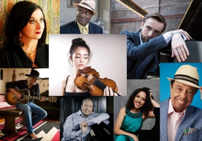Collage image with Renee Rosnes, Taj Mahal, Daniil Trifonov, Sergio Mendes, Beatrice Rana, Murray Perahia, Arlo Guthrie, Simone Porter