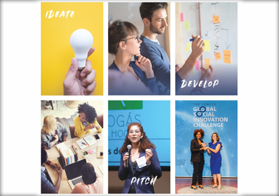 Compilation photo with the words Ideate, Develop, and Pitch promoting the Global Social Innovation Challenge