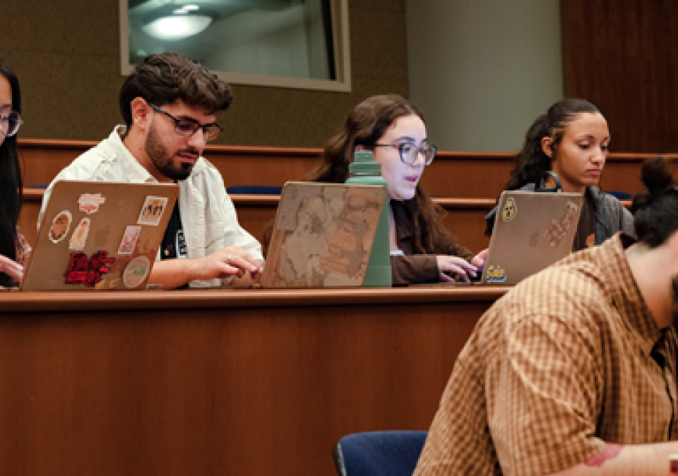 Five students sit in tiered rows of wooden tables and work on their laptops during class.