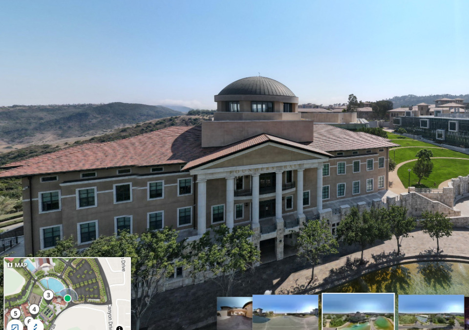 An aerial screenshot of a virtual tour interface showing "Founders Hall," a large Mediterranean-style campus building with a central dome. A small map overlay and thumbnail images are visible at the bottom.