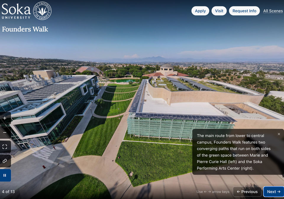 Screenshot of tour.soka.edu virtual tour, showcasing an aerial view of Founders Walk